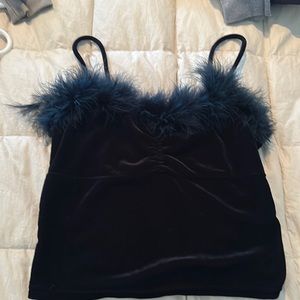 Blue velvet with feather trim top .. size S